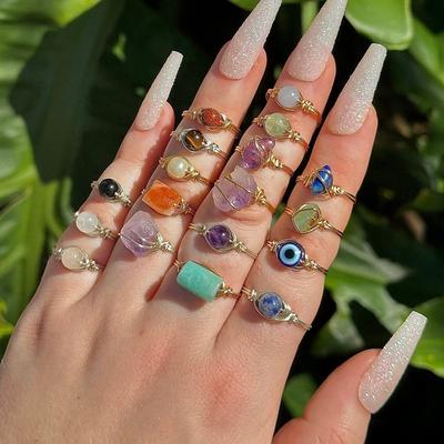 Natural Stone Rings for Women Golden Wire Wrapped Crystal Rings Assorted Zircon Rings Vintage Bohemia  Gifts