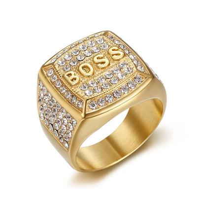 Hip Hop Bling Iced Out Stainless Steel BOSS Finger Rings for Men Rapper Jewelry Gold Silver Color Drop Shipping