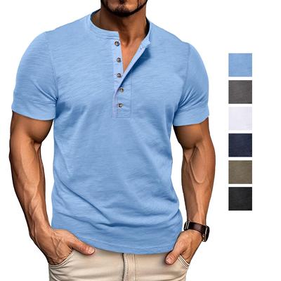 Men’s T-shirts Henley Collar Short Sleeves Cotton Polo Shirts Solid Color Casual Tops