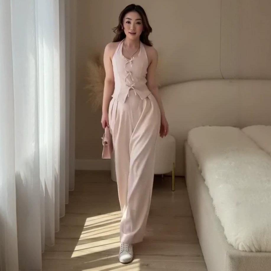 Cross-border Amazon Spring and Autumn New Women's Sleeveless Neck Tank Top Casual Wide Leg Pants Set