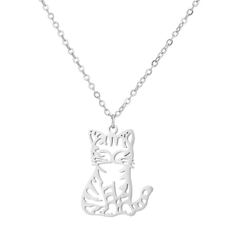 Stainless Steel Korean Fashion Cat Pendant Necklace - Cute Hollow Lucky Cat Clavicle Chain, Fade-Resistant
