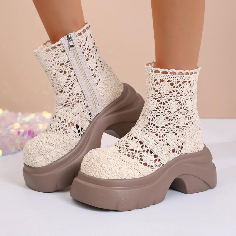 Sexy Hollow Out Side Zip Ankle Boots Women 2025 Autumn Chunky Platform Super High Heel Boots Lace Thick Bottom Booties