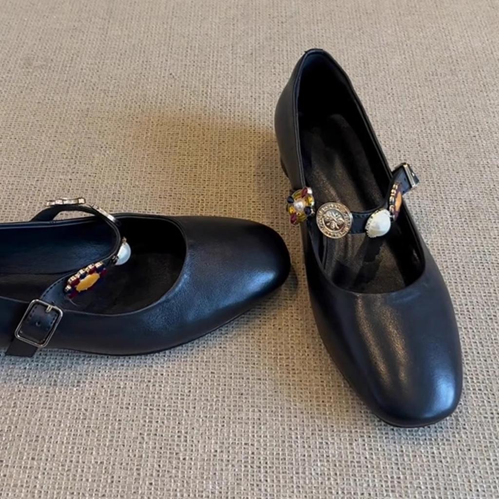 Sheepskin Version~ One-word Buckle Leather Round Head Mary Jane Shoes Women's Retro Low-heeled Temperament Ballet Shoes Single Shoes