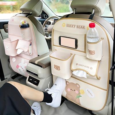 1pcs PU Leather Car Seat Back Organizer with Cute Cartoon Pattern, Multifunctional Car Trash Can Anti-Kick Mat for Car Interior