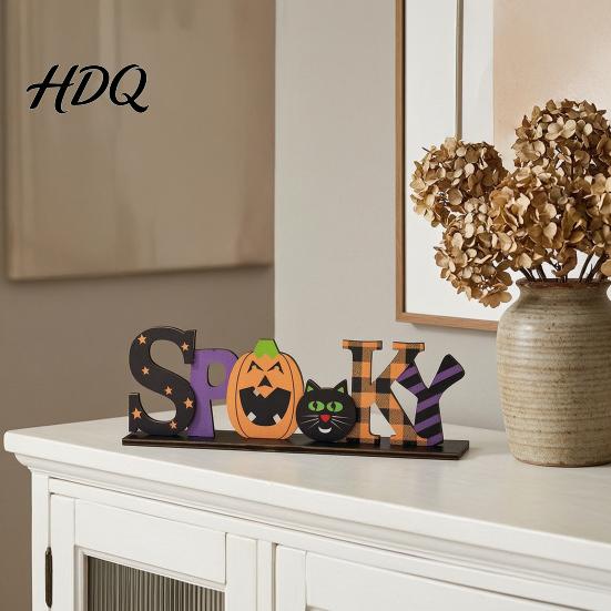 Creative Photography Props Halloween Wooden Table Sign Spooky Wicked Tiered Tray Decor Pumpkin Black Office Desk Festive Ornaments Cat Ghost Design,