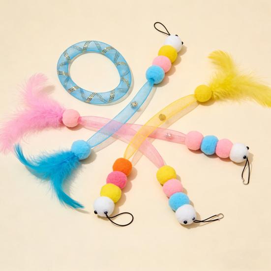 Cat Wand Toy Replacement Cute Caterpillar with Colorful Plush Balls And Feathers Elastic Net Tube Cat Toy Accessory for Kittens Interactive Wand