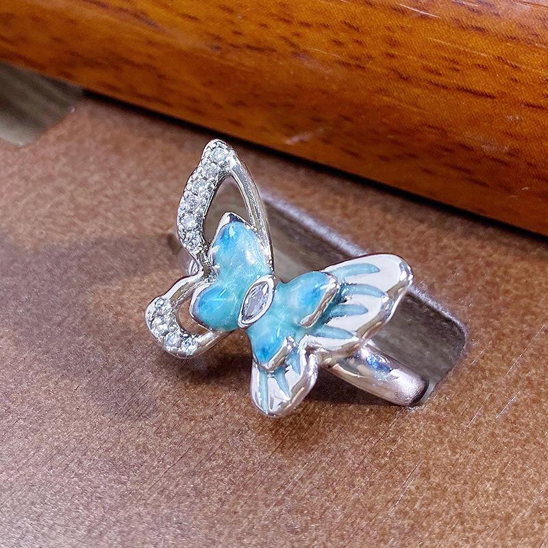 Cool Sense Series Ocean Blue Butterfly Enamel Drip Oil Opening Ring Inlaid Zircon Light Luxury Premium Sense Ring Female Adjustable opening
