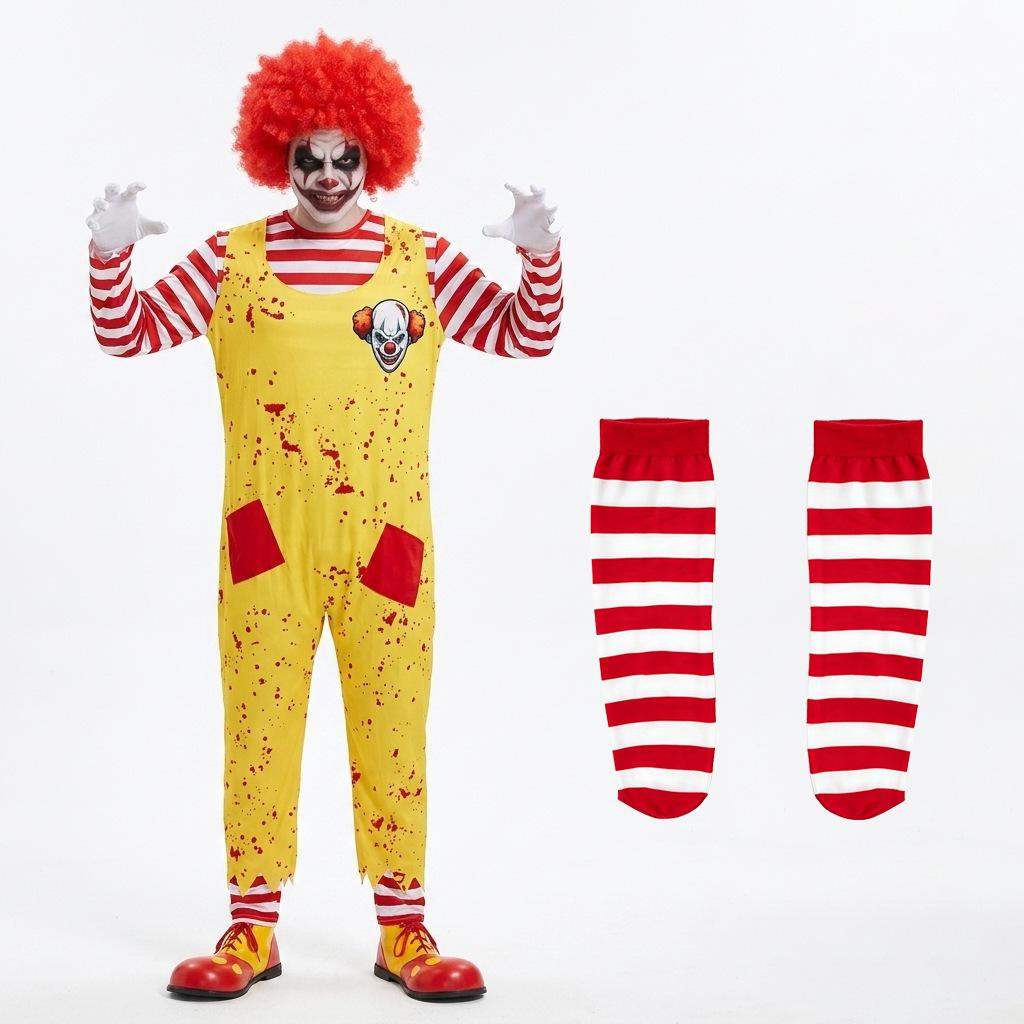 Halloween Scary Clown Costume Striped Jumpsuit Set for Adults Men Women, Creepy Cosplay Outfit for Party Stage Performance