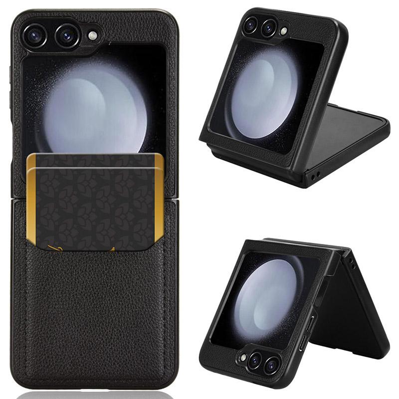 

Для Samsung Galaxy Z Flip6 5G Чехол Кожаное покрытие с текстурой личи на ПК Чехол для телефона Слот для карты Black