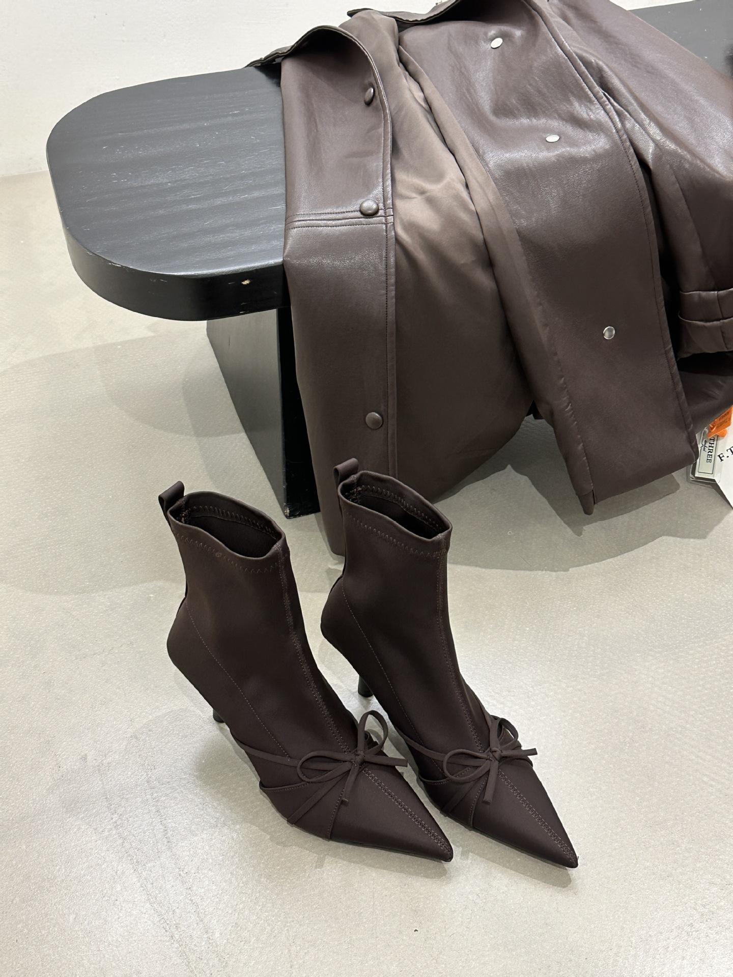 

Сапоги на высоком каблуке с острым носком и бантом, женские короткие сапоги, Европа, Америка 2025 осень и зима, новые сапоги, весенне-осенние одинарные сапоги, тонкие женские сапоги 39