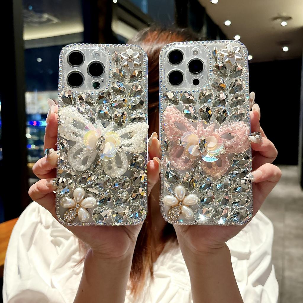 For iPhone 15 Pro Max Case Glass Rhinestone Decor Butterfly Pattern TPU Phone Back Cover