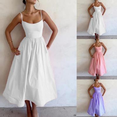 U Neck Solid Color Dress Waist Hugging Elegant Strap Dress for Women Sleeveless Loose Dresses Causal Dress