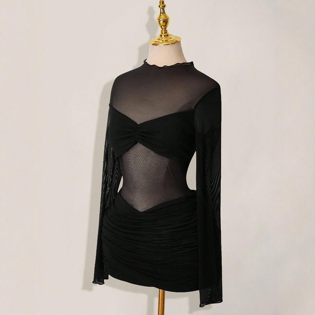 European and American new perspective mesh long-sleeved slim-fit dress popular sexy Spice Girl style black short dress