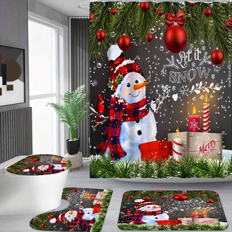 Christmas Snowman Shower Curtain Set With Festive Bathroom Rugs And Hooks, Machine Washable, Polyester, Non-Fade Woven Fabric, F