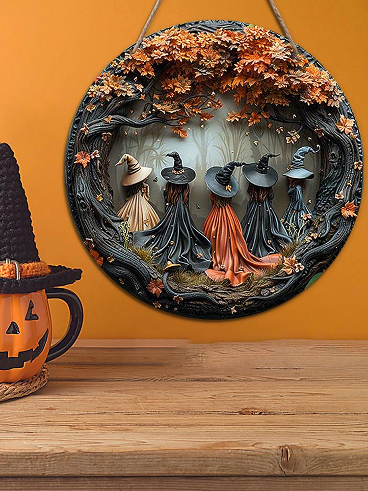 Five Witches Halloween Door Decorations Wear Resist Halloween Wreath Decoration Wood Holiday Doorplate for Home Front Door Decor