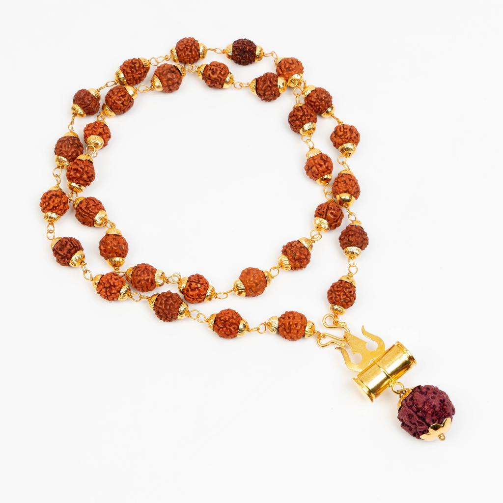 Rudraksha Mala with Brass Caps & Shiva Trishul | Natural Rudraksha Beads Necklace | Hindu Prayer Jewelry | Healing Mala | Unique Religious Gift