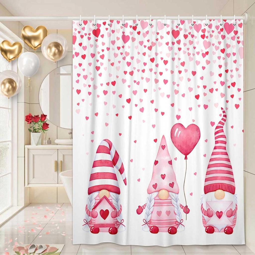 Valentine's Day Shower Curtain for Bathroom, Falling Pink Heart with Cute Gnome, Romantic Lover Holiday Fabric Shower Curtain