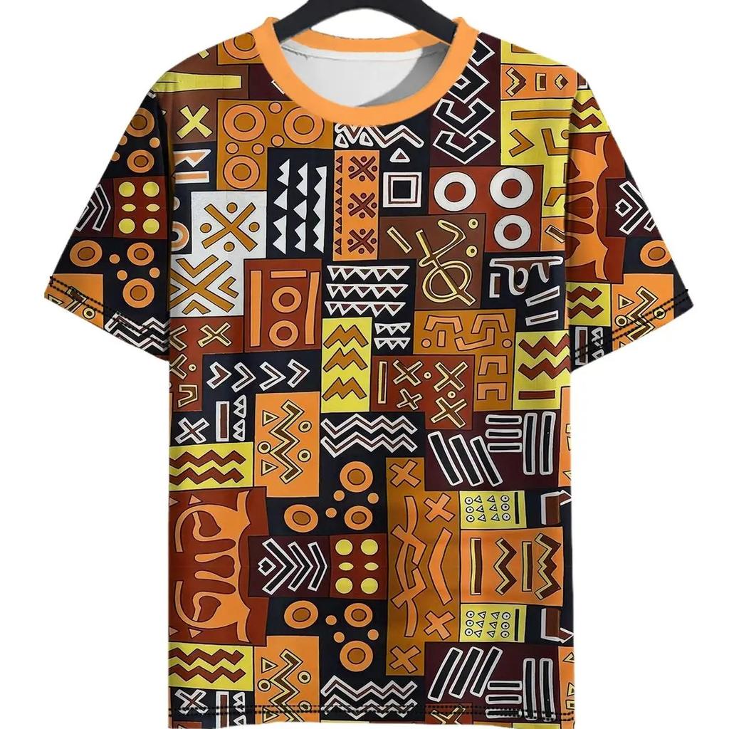 Vintage Ethnic Style Pattern Printed Men's T-Shirt Outdoor Casual Round Neck Short-Sleeved Street Male Oversized T-Shirts