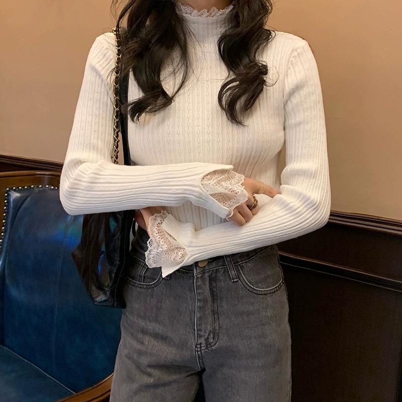 Spring Autumn Semi-turtleneck New Lace Pullover Long Sleeved Sweater Fashion Long Sleeve Women Knitted Bottoming Shirt Elegant Simple Slim Fit Top