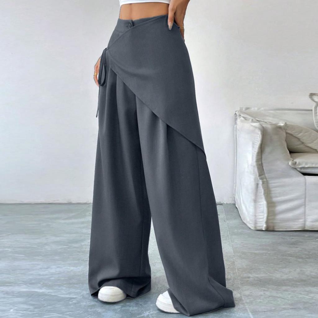 Women's Casual Fashion Solid-Color Elastic Waistband Wide-Leg Straight-Leg Pants With Pockets