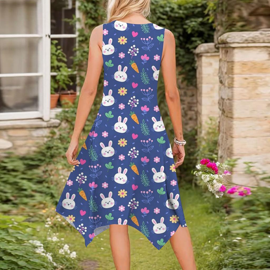 Dámská ležérní móda Midi šaty s kulatým výstřihem a potiskem bez rukávů s nepravidelným lemem