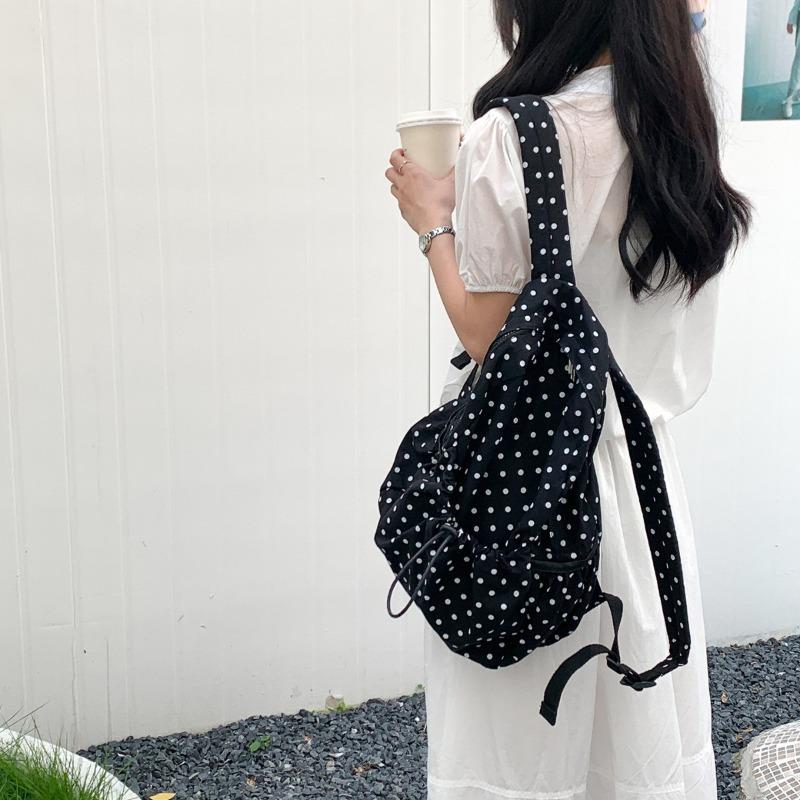 New Backpack Lightweight Literary Polka Dot Backpack Girls Campus Wind Drawstring Pleated Casual Schoolbag