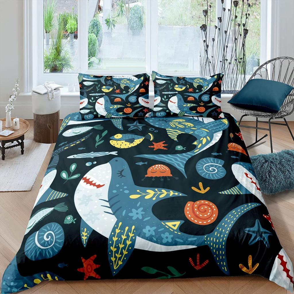 Cartoon Hai Königin Bettbezug Blaues Ozean Tier Thema Bettwäsche Set Für Kinder Jungen Mädchen Meeresleben 2/3tlg. Weicher Bettdeckenbezug