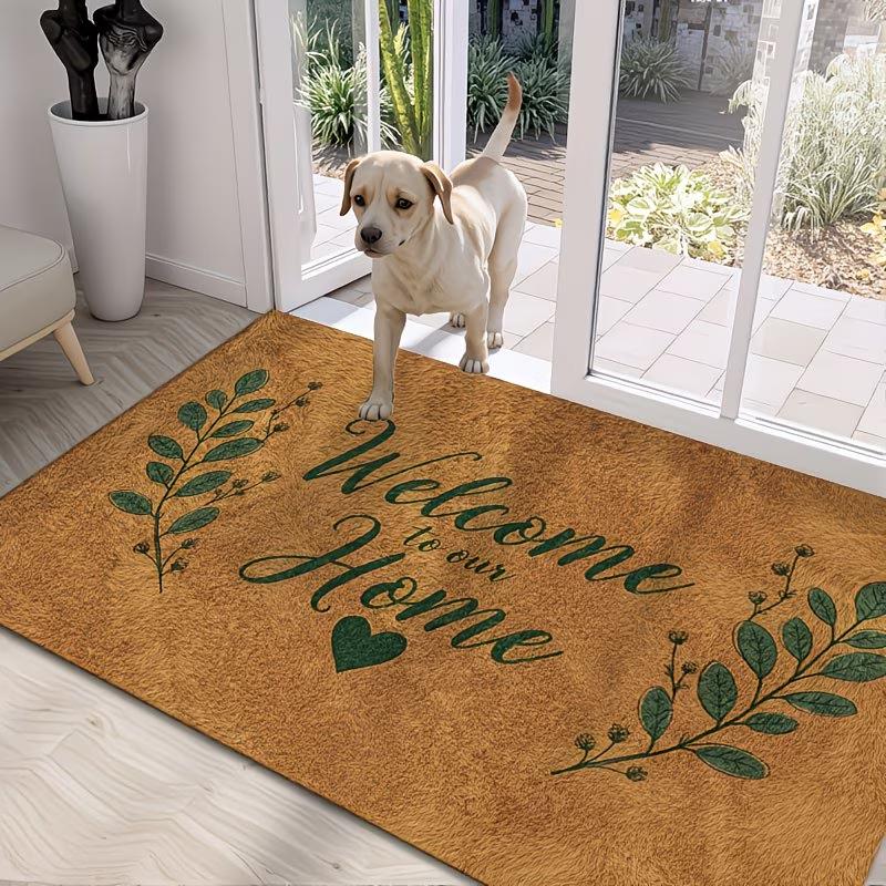 Rustic Welcome to Our Home Mat - Non-Slip Greenery and Heart Print Entryway Rug - Unique Housewarming Gift Decorative Floor Mat