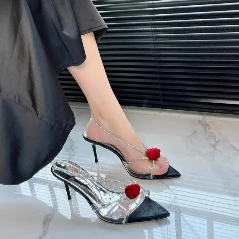 Sexy Slip On Back Strap Sandals Ladies Rose Flowers Narrow Band Open Toe Gladiator High Heels Summer Shoes Women Size 43