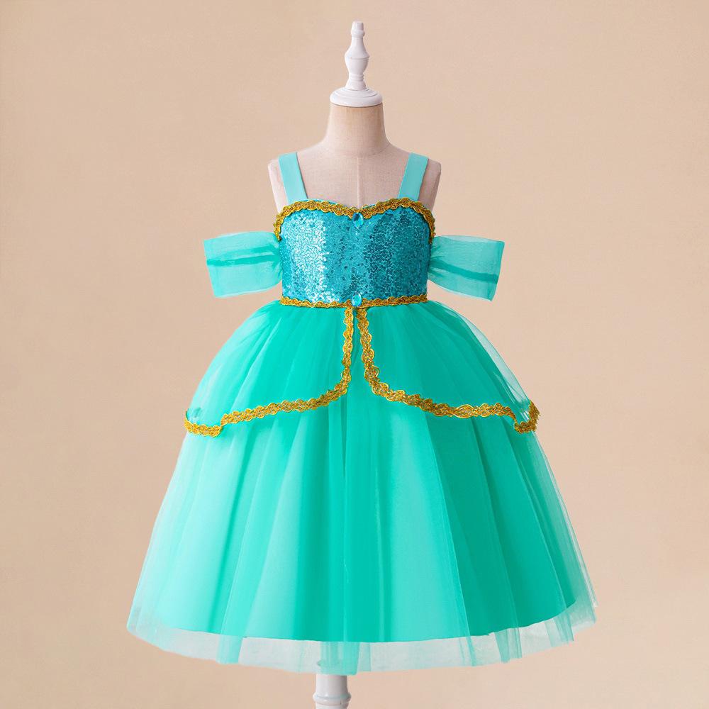 

Latin Goddess Lamp Cosplay Princess Jasmine Dress for Girls - Strappy Performance Costume Dancewear 110cm/4Y