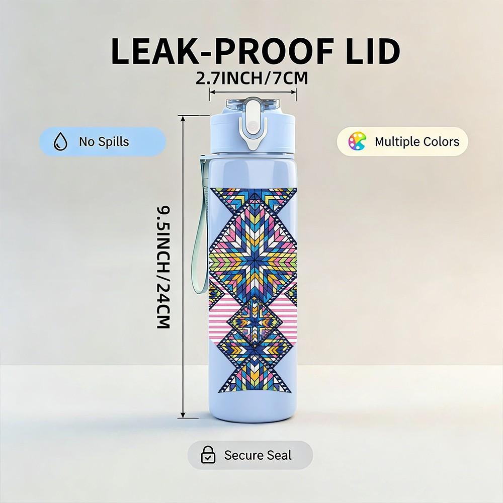 1PC Ethnic Geometric Tribal Pattern Print 750ml Color Plastic Sports Water Bottle Leakproof Flip Straw Lid Suitable for Sports Office Home Use