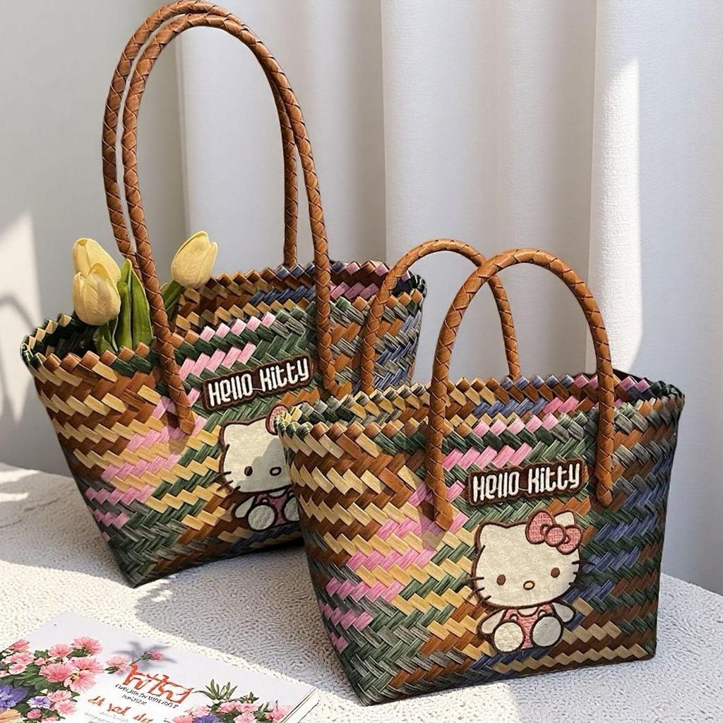 Cartoon KT Cat Rattan Beach Bag: Women's Summer Handheld Woven Basket for Seaside Holiday Commute