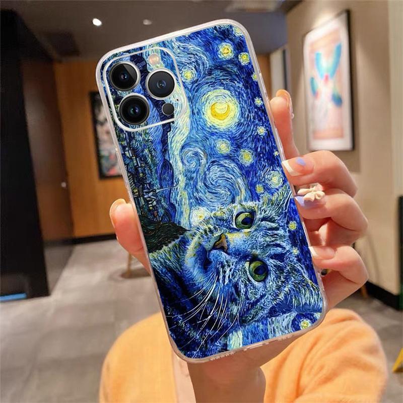 Phone Case For Iphone 17 Pro Max Air 16 15 14 13 Pro Max 15 16 Pro 15Plus Cat Starry Night Van Gogh