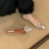 Pointed rear empty women's shoes high-end rhinestone sunflower transparent low-heeled sandals