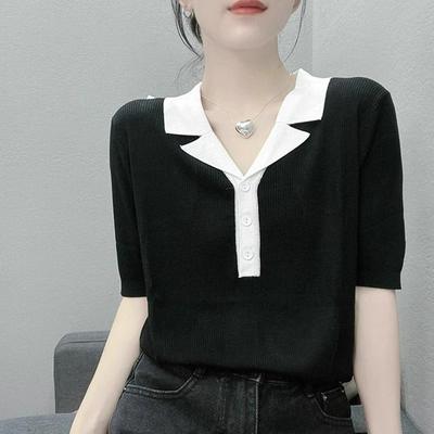 Chic Color Blocked Short Sleeved Ice Silk Knitted Sweater with Fashionable Temperament and Simple Pullover Top for Women