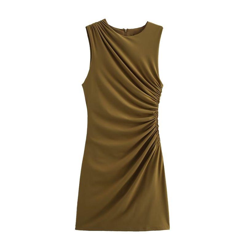 Kaslead New Arrival Women's Clothing Fashion Style Multi-Color Selection Pleated Round Neck Short Sleeveless Dress 3067260