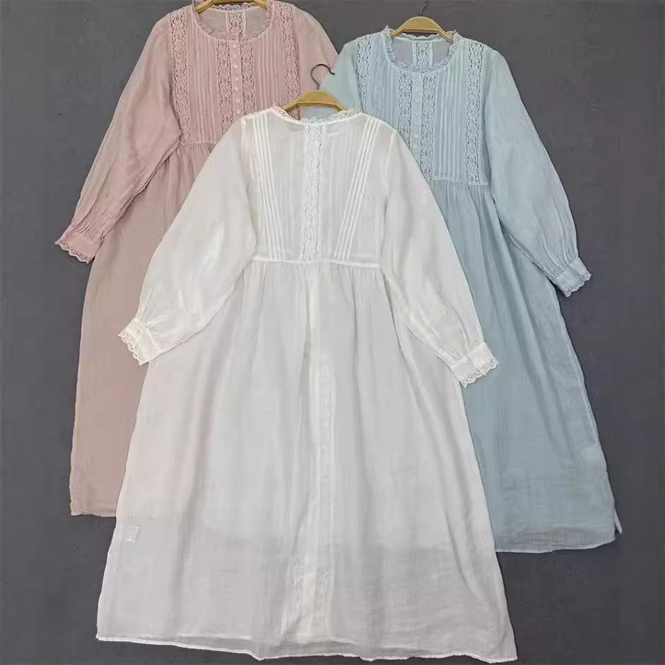 Johnature Japanese Mori Women Hollow Lace Loose Dress Women Summer Thin Loose Casual Vintage Female Dresses