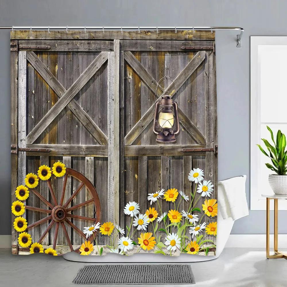 Vintage Rustic Wood Panel Shower Curtain Barn Door Floral Botanical Green Leaf Barn Farm Polyester Fabric Bathroom Decor Curtain