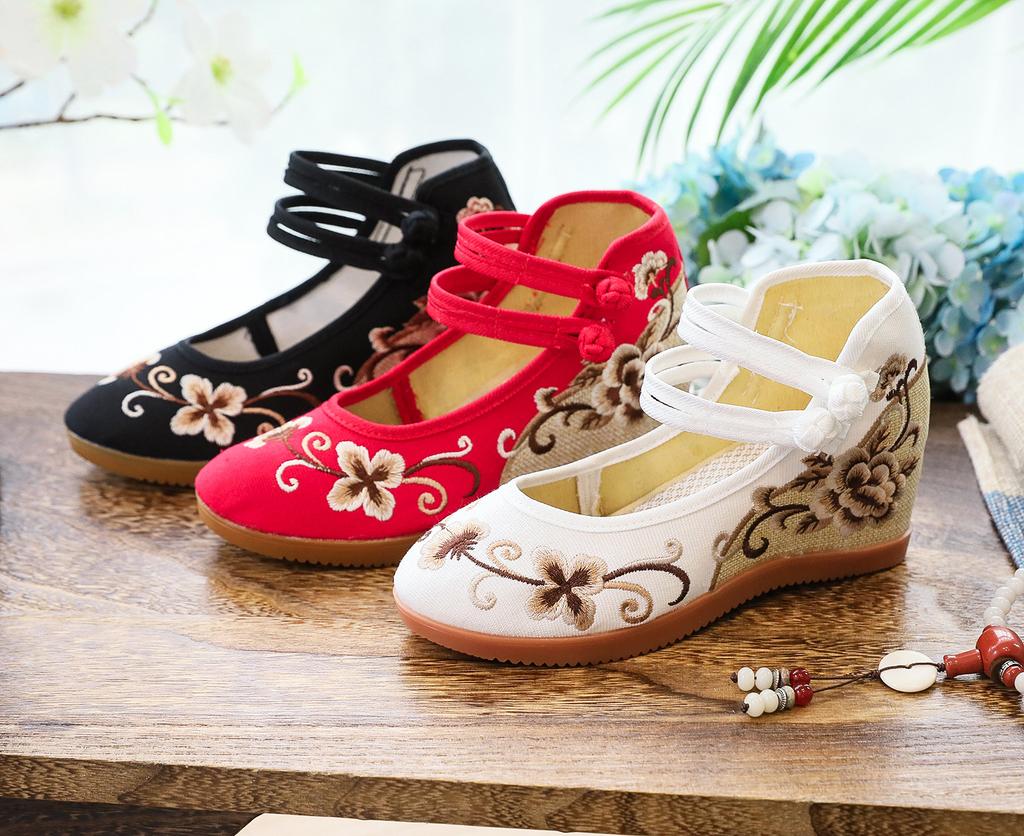 Comemore 2025 High Heels Women Pumps Wedges Ethnic Embroider Chinese Shoes Woman Spring Casual Mary Janes Women's Summer Sandals