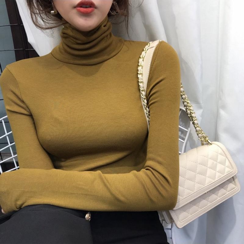 Elegant Threaded Turtleneck Base Shirt Women's Spring Vintage Underwear Thin Slim T-shirt Office Lady Heap Collar Casual Tops 2025 New