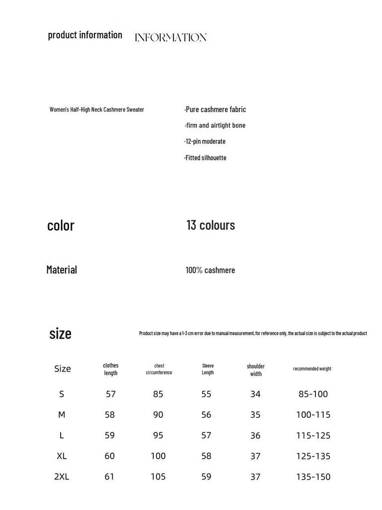 Fanzhen Women's 100% Cashmere Half-High Neck Sweater