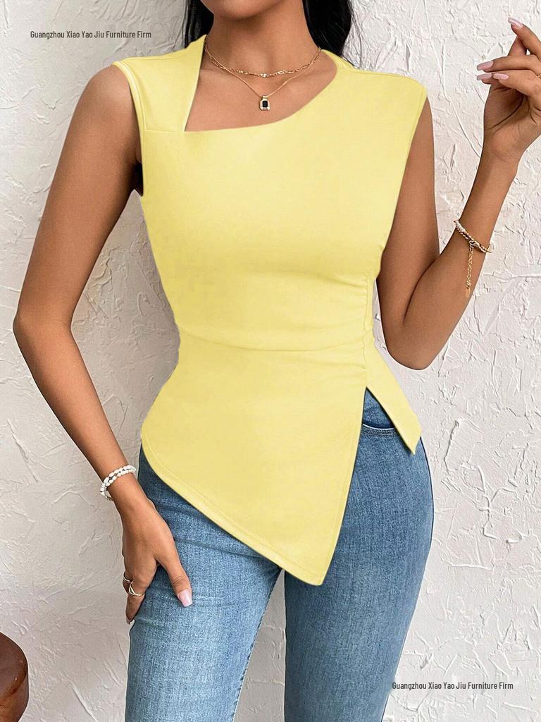 Women's Elegant Asymmetrical Neck Slim Fit T-shirt - Spring/Summer Pure Color Top
