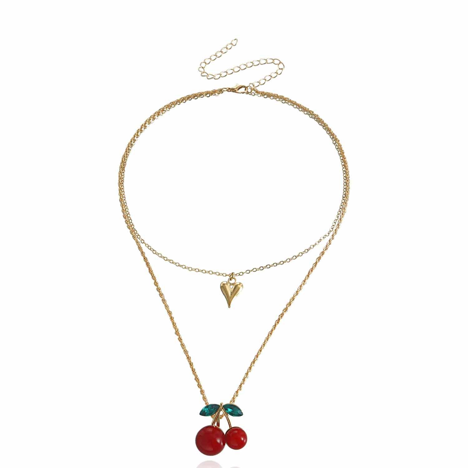 Exaggerated red big cherry multi-layer peach heart pendant necklace choker new product