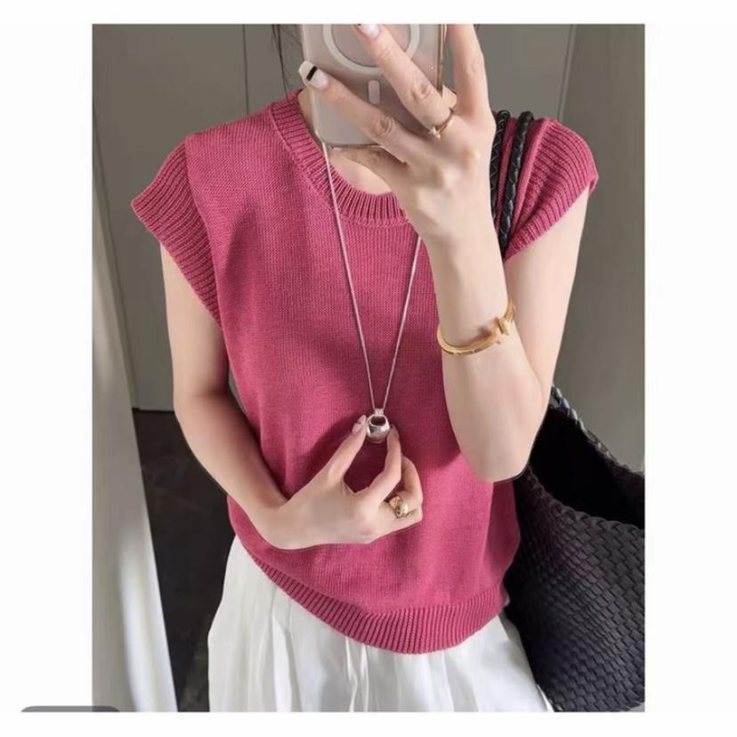 2026 Summer Orange Ice Silk Knitwear: Stylish Round Neck Short Sleeve Solid Color Top for Petite Women