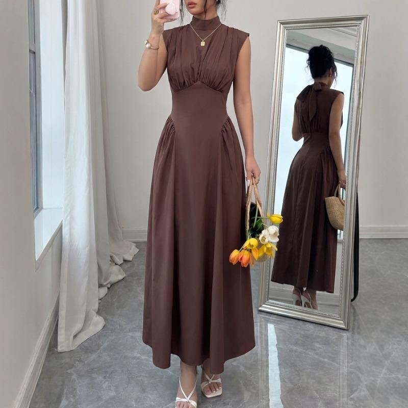 

Women s Brown Sleeveless High Neck Maxi Dress Casual Ruched Waist Flared Long Dress S