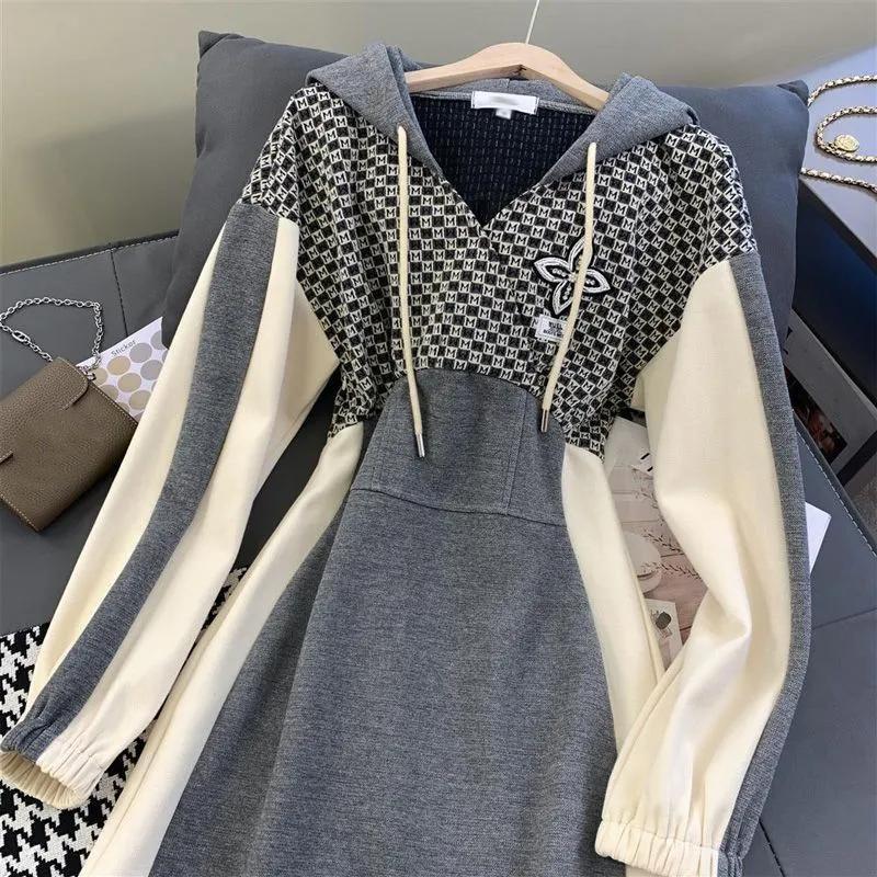 Women's Vintage Embroidery Plaid Patchwork Y2K Hooded Dress High Waist Long Sleeve Sexy Mini Dresses