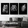 Black and White Wildlife Oil Painting, Tiger, Lion, Elephant Picture, Wall Art Poster and Printmaking Living Room