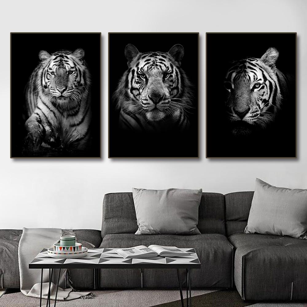 Black and White Wildlife Oil Painting, Tiger, Lion, Elephant Picture, Wall Art Poster and Printmaking Living Room