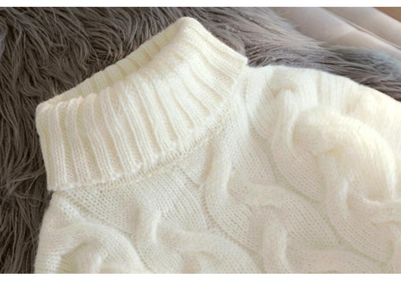 Women's High-Neck Cable Knit Sweater - Loose Fit, Solid Color, Autumn/Winter Style