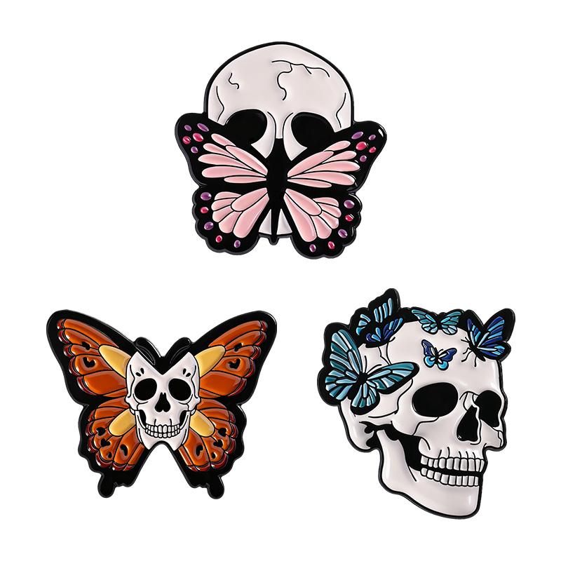 Butterfly Skeleton Skull Enamel Pins Custom Halloween Horror Brooches Lapel Badges Clothes Punk Jewelry Gift for Kids Friends